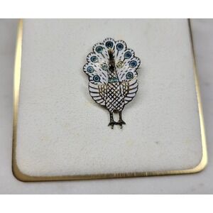 Vintage Siam Hinged Peacock Brooch Sterling Silver White Enamel Handmade Pin